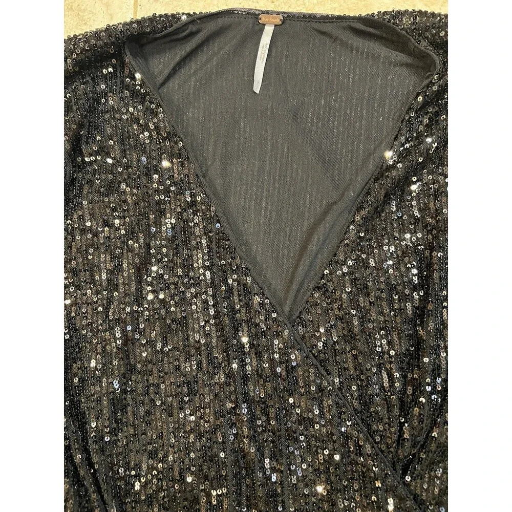 Free People Christa Sequin Long Sleeve Wrap Romper Black Size Lg Party Holiday
